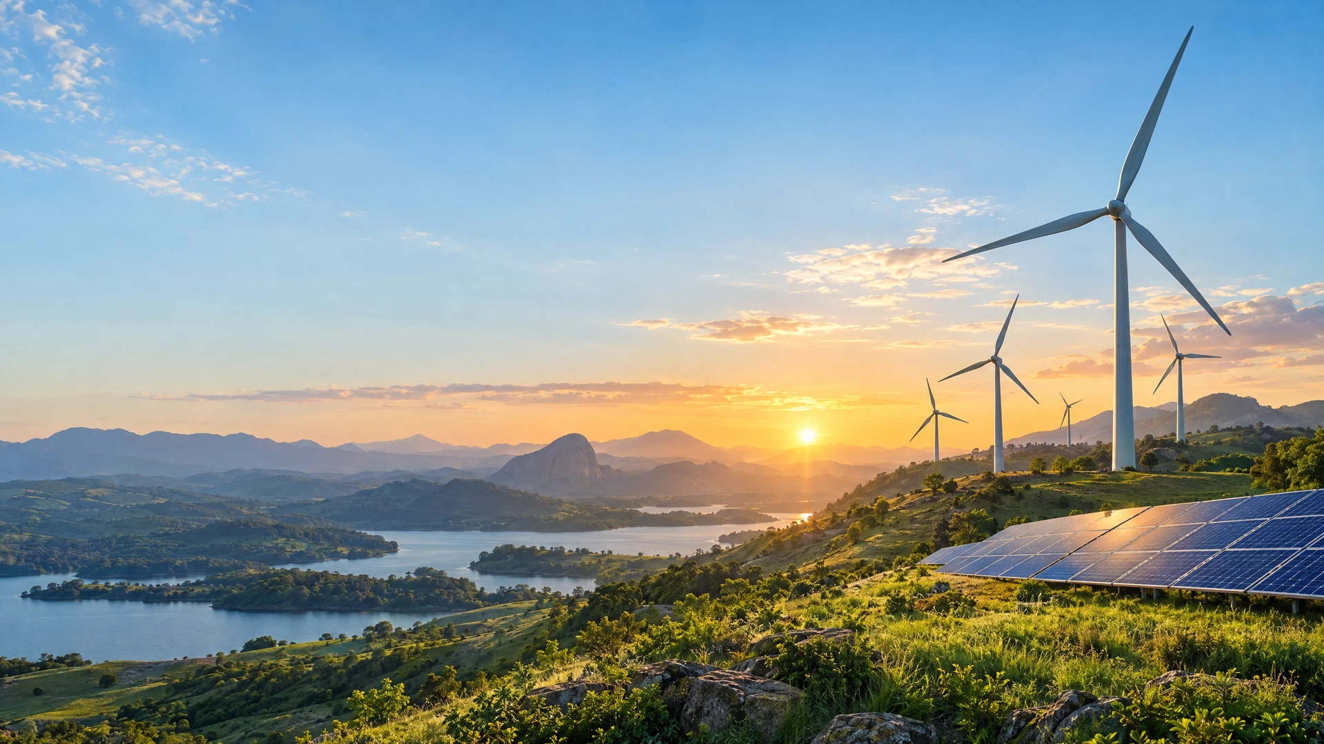 Paisagem ilustrativa com turbinas eólicas, painéis solares e sol